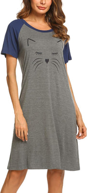Womens Nightgowns Short Sleeve Nightshirts Printed Sleepwear Soft Sleep Shirts S-3XL