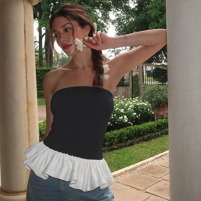 Contrast Color Bandeau Slim-fit Patchwork Ruffled Sexy Women Clothing Top