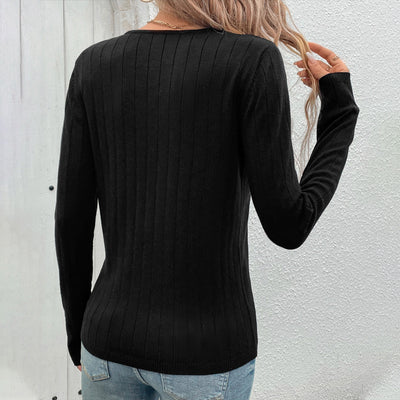 European And American Fall Women's Clothing Sunken Stripe V-neck Black Sweater For Women