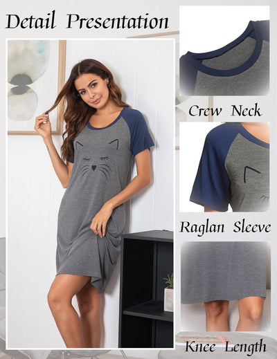 Womens Nightgowns Short Sleeve Nightshirts Printed Sleepwear Soft Sleep Shirts S-3XL