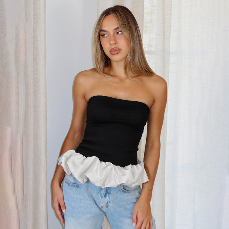 Contrast Color Bandeau Slim-fit Patchwork Ruffled Sexy Women Clothing Top