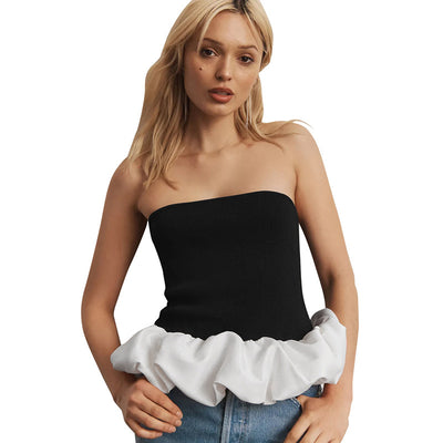 Contrast Color Bandeau Slim-fit Patchwork Ruffled Sexy Women Clothing Top