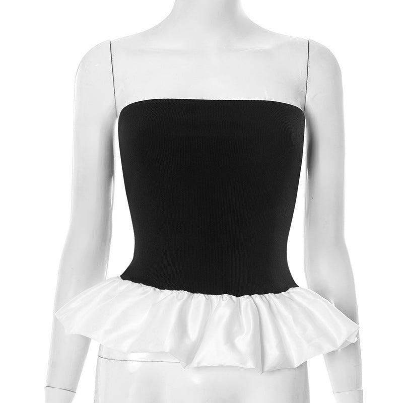 Contrast Color Bandeau Slim-fit Patchwork Ruffled Sexy Women Clothing Top
